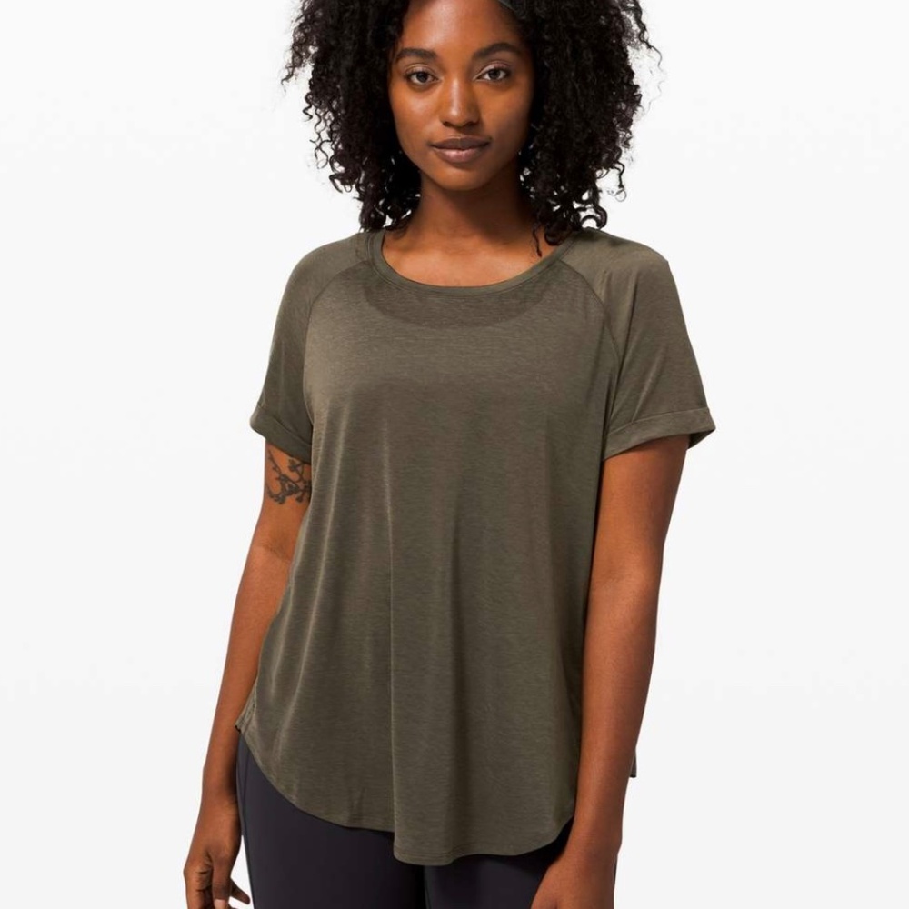 Lululemon Open Up Tie Back Tee in Dark Olive